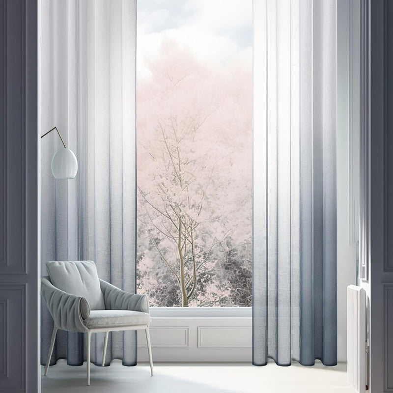 MRTREES Voile Gardinen Farbverlauf Leinenoptik Transparent Vorhang Kurz Tüllvorhang mit Ösen in Grau