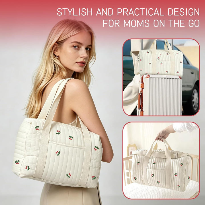 Grosse Kliniktasche Geburt Set 2-teilig, Wickeltasche Baumwolle mit Kirsch-Stickerei, Muttertasche f