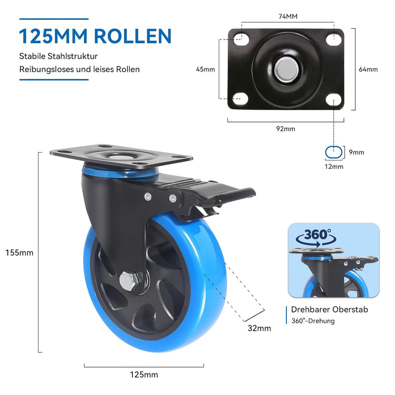 BAOLIHUI 125mm Schwerlastrollen Blau 4er Set Möbelrollen Bis zu 800KG, 360 Grad Doppelverriegelung R