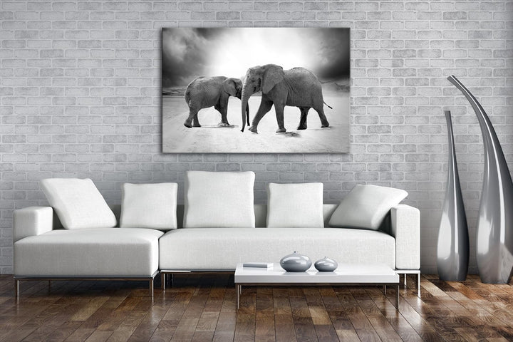 Zwei grosse Elefanten in der Wüste Format: 80x60 als Leinwandbild, Motiv fertig gerahmt auf Echtholz