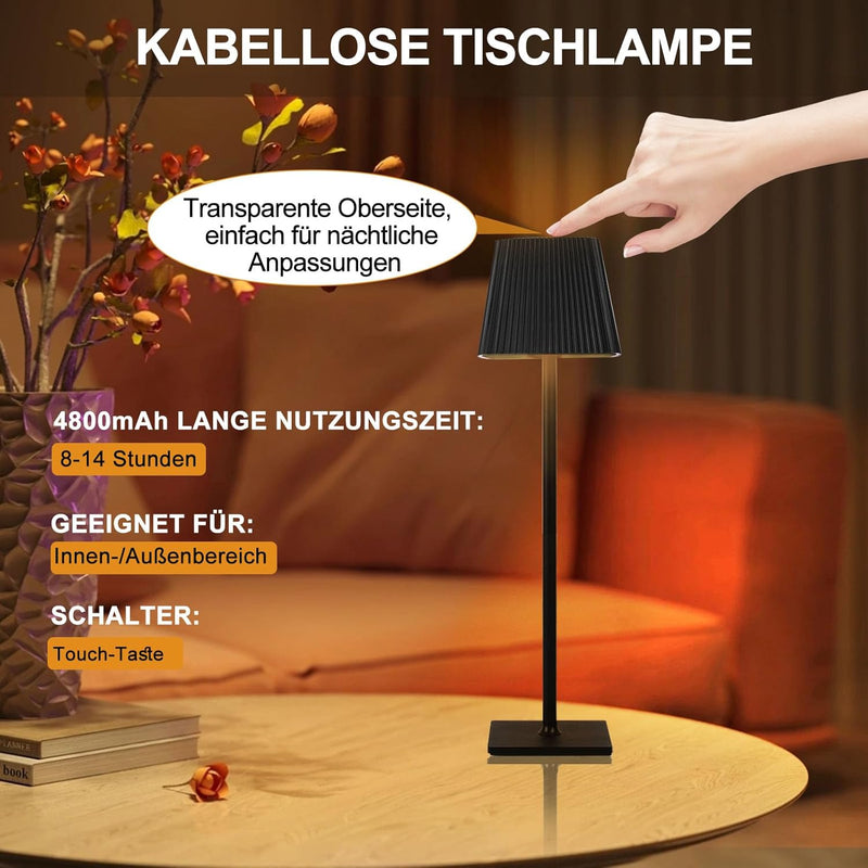 Elitlife Dimmbare Tischlampe mit Akku - 4800 mAh Tischlampe Kabellos, Tischlampe Schwarz - Led Tisch