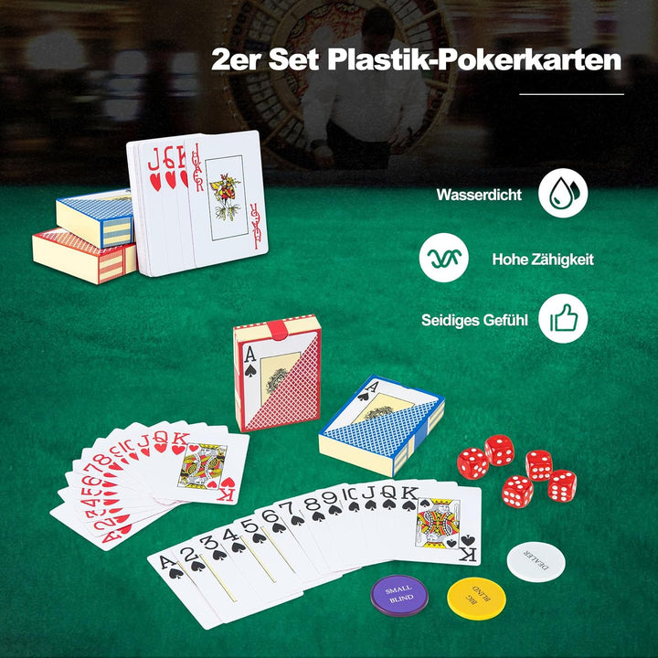 DREAMADE Aluminium Pokerkoffer mit 300 nummerierten Laser Poker Chips/ 2 Pokerkarten Set/ 5 Würfel/