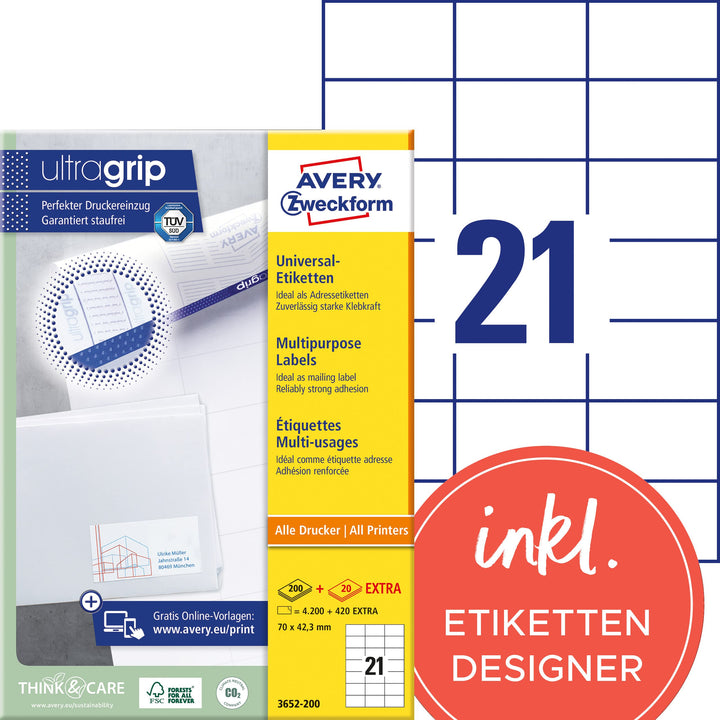 AVERY Zweckform 3652-200 Adressaufkleber (4.200 plus 420 Klebeetiketten extra, 70x42,3mm auf A4, bed
