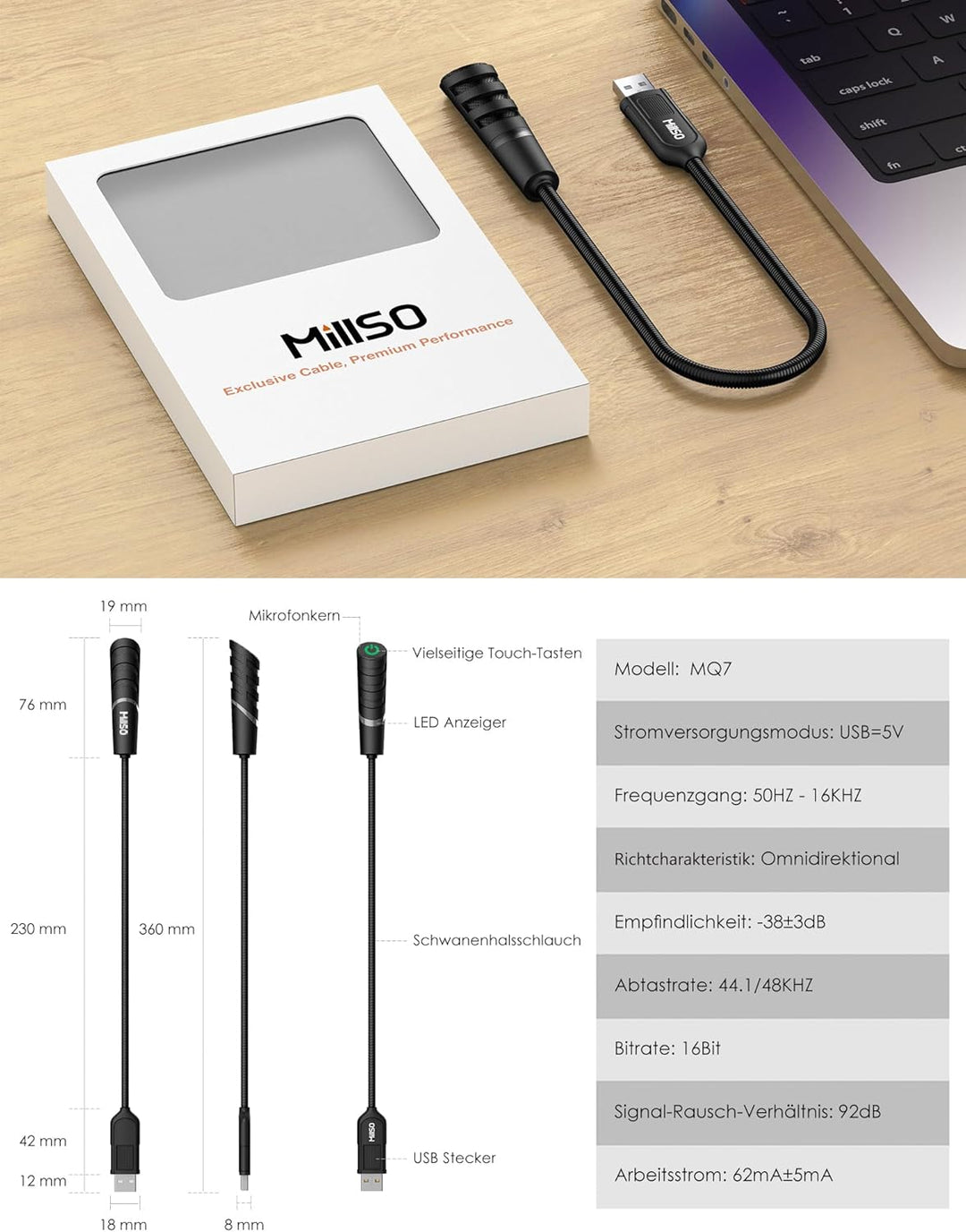 MillSO USB Computer Mikrofon mit Schwanenhalsdesign, Vielseitige Touch-Tasten und LED Anzeiger für P