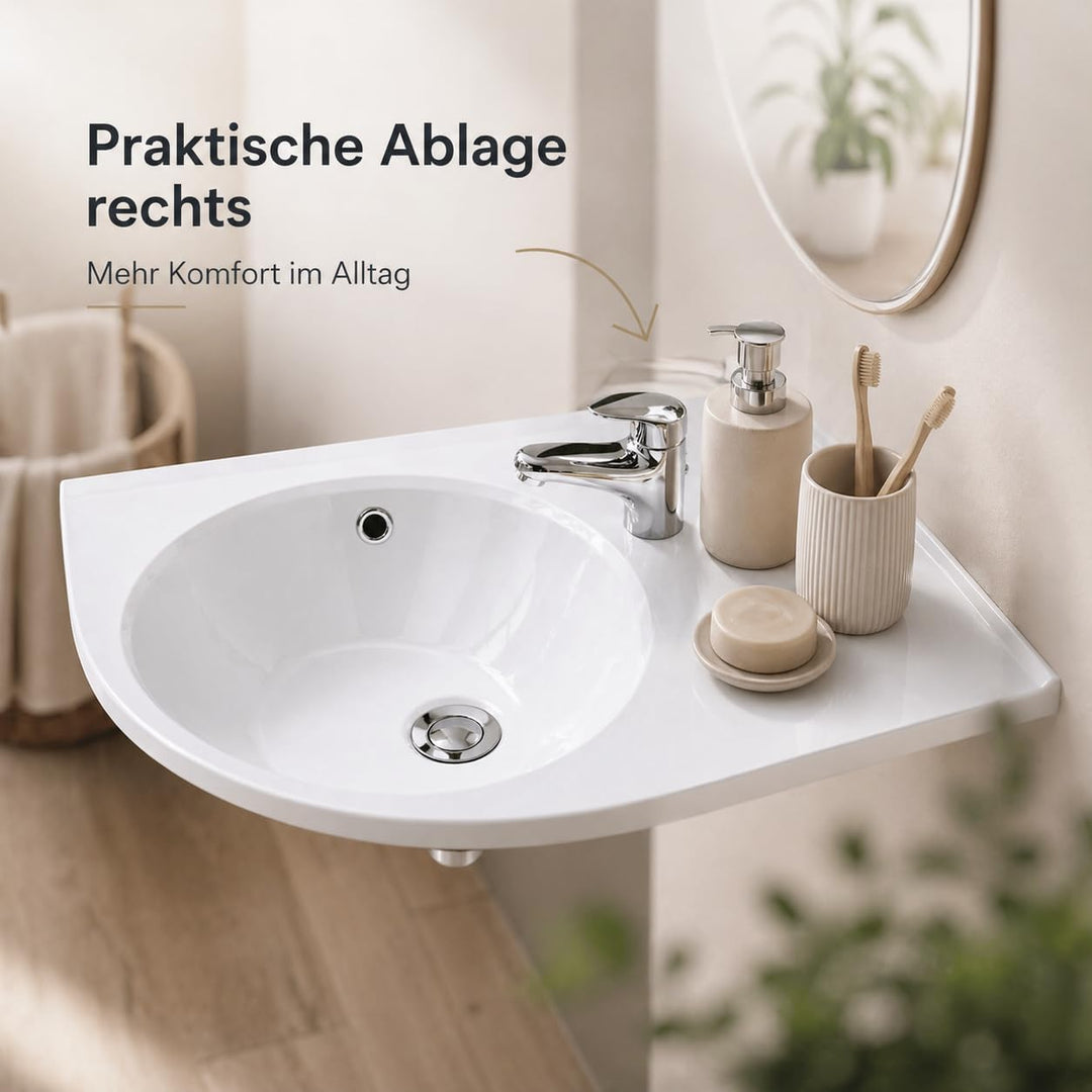 Praktisches Eckwaschbecken | Waschbecken zur Wandmontage mit Hahnloch und Überlauf | Hängewaschbecke