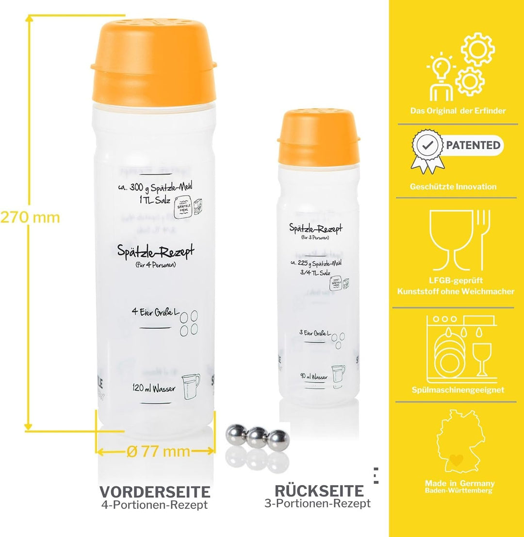Einsteiger-Set zum Spätzle selber machen mit Spätzle-Shaker (875ml orange) 4 Portionen &amp; Rezeptbuch