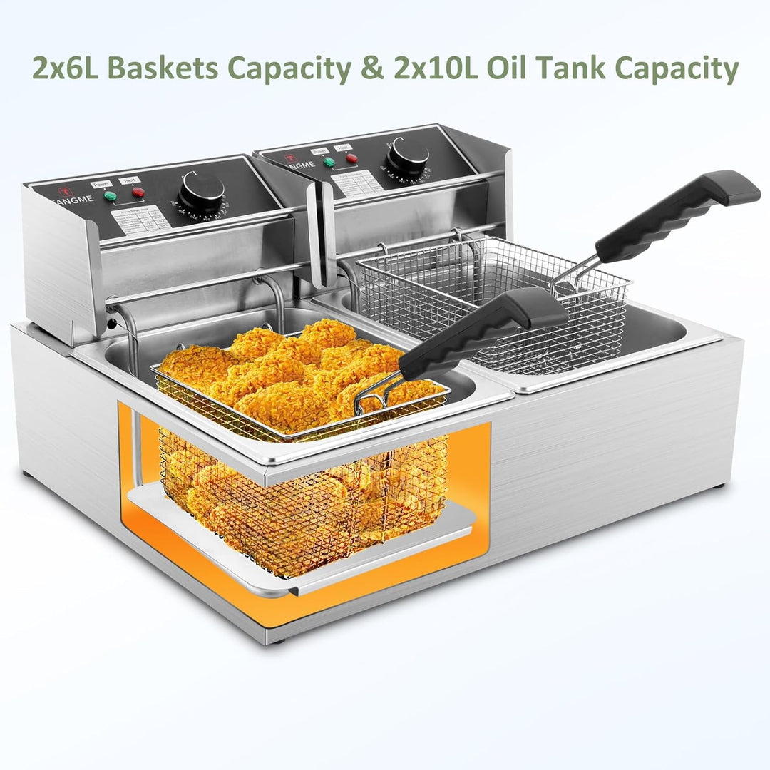 TANGME Kommerzielle Fritteuse, 5000W Elektrische Fritteuse mit 2x6L Körben 0,8mm Edelstahl Doppelter