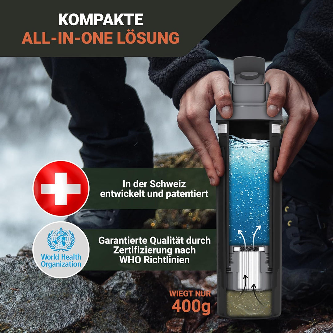 Bachgold® Profi Outdoor Wasserfilter Flasche [650ml] mit 1500L Filterkapazität I entfernt 99,99% all