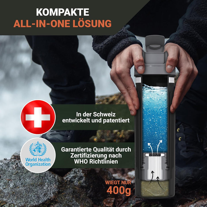 Bachgold® Profi Outdoor Wasserfilter Flasche [650ml] mit 1500L Filterkapazität I entfernt 99,99% all
