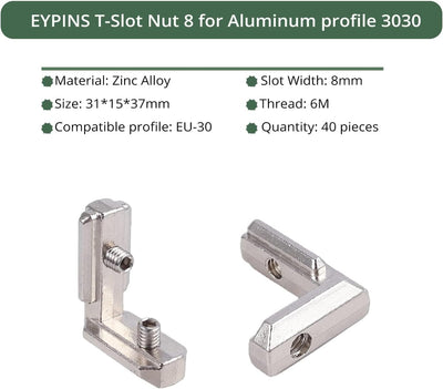 40X EYPINS Winkelwinkel, Aluprofil 3030 Nut 8 M6 Innenwinkel Aussenwinkel 90 Grad Winkel T-Slot L-Fo