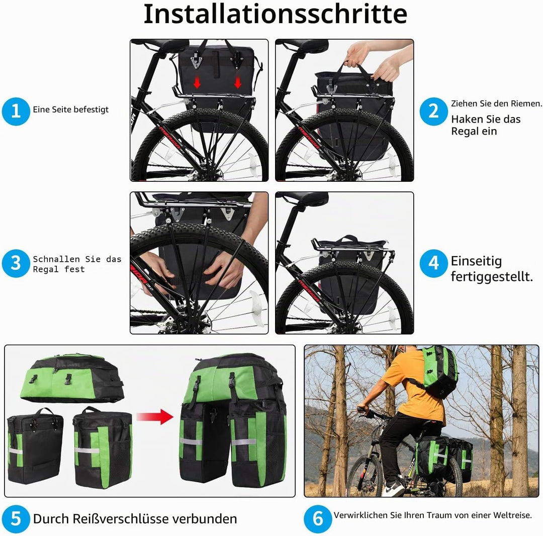 PELLOR Fahrrad Gepäcktaschen, 3 in 1 Multifunction 70L Gepäckträger Tasche Reissfest Gross Fahrradta