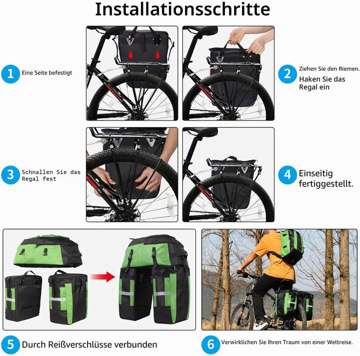 PELLOR Fahrrad Gepäcktaschen, 3 in 1 Multifunction 70L Gepäckträger Tasche Reissfest Gross Fahrradta