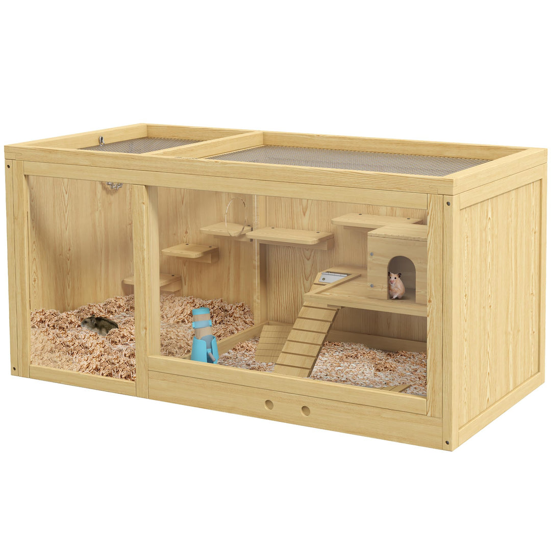 PawHut Hamsterkäfig aus Holz, 100 cm Kleintierstall, Kleintierkäfig Spielhaus für Gerbils Nagerkäfig