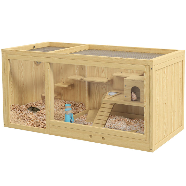 PawHut Hamsterkäfig aus Holz, 100 cm Kleintierstall, Kleintierkäfig Spielhaus für Gerbils Nagerkäfig
