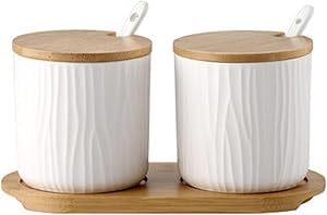Keramik Gewürzdosen 2er Set, Zuckerdose mit Löffel und Bambus Deckel, 300ml/10.2 oz Gewürzgläser für
