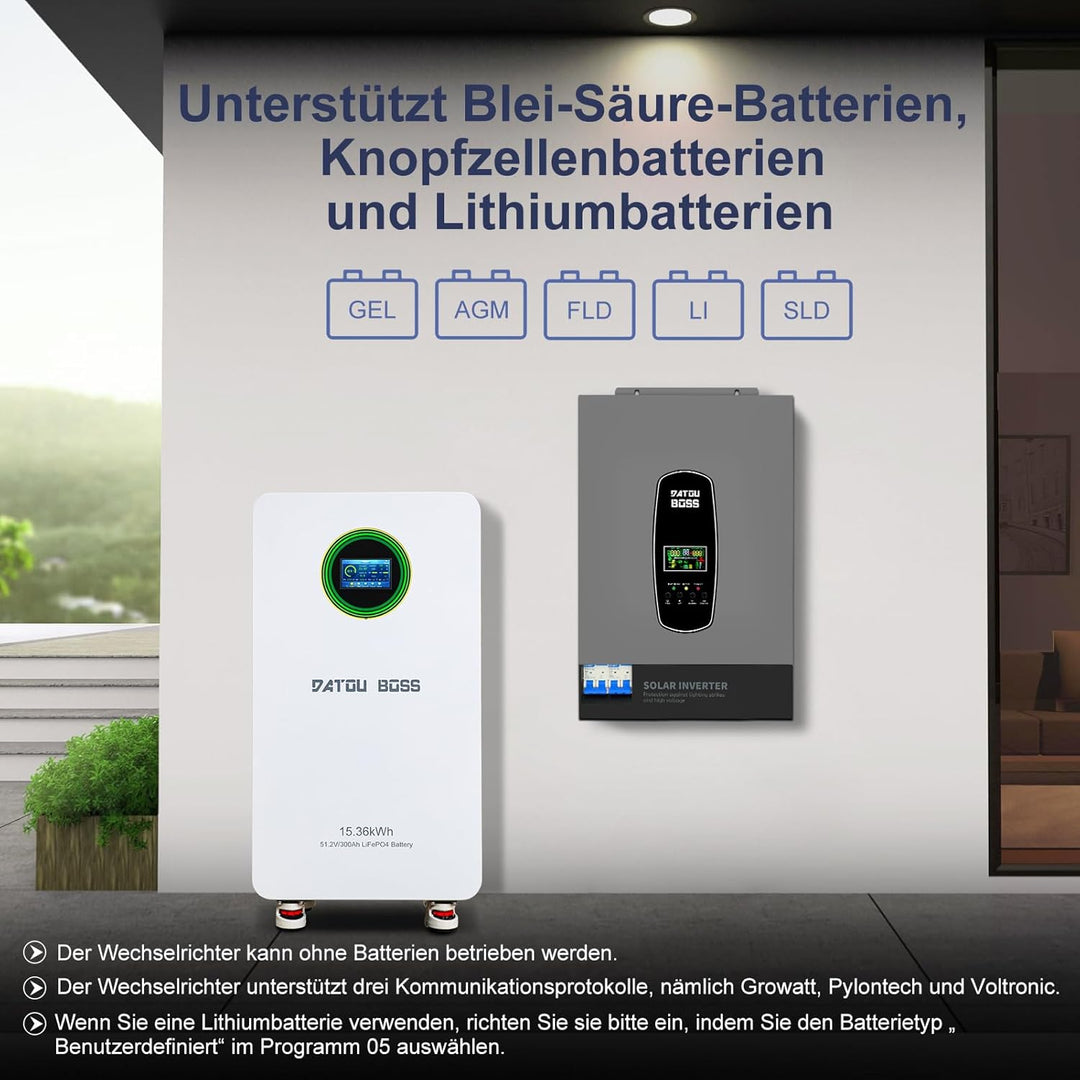 DATOUBOSS 6200W Hybrid Solar Wechselrichter 48V, Reiner Sinus, PV-Array bis 8500W, PV-Inverterleistu