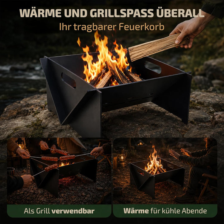 CAMBEL Feuerschale 4mm Stahl Camping Grill, tragbare Feuerstelle Outdoor, Stecksystem zerlegbar, kom