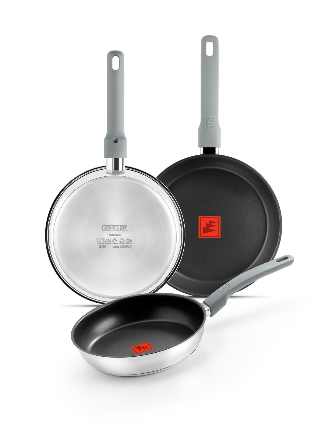 Monix Elite Non Stick Set mit 3 Pfannen, 20-24 - 26 cm, Edelstahl 18/10, dreilagige Antihaftbeschich
