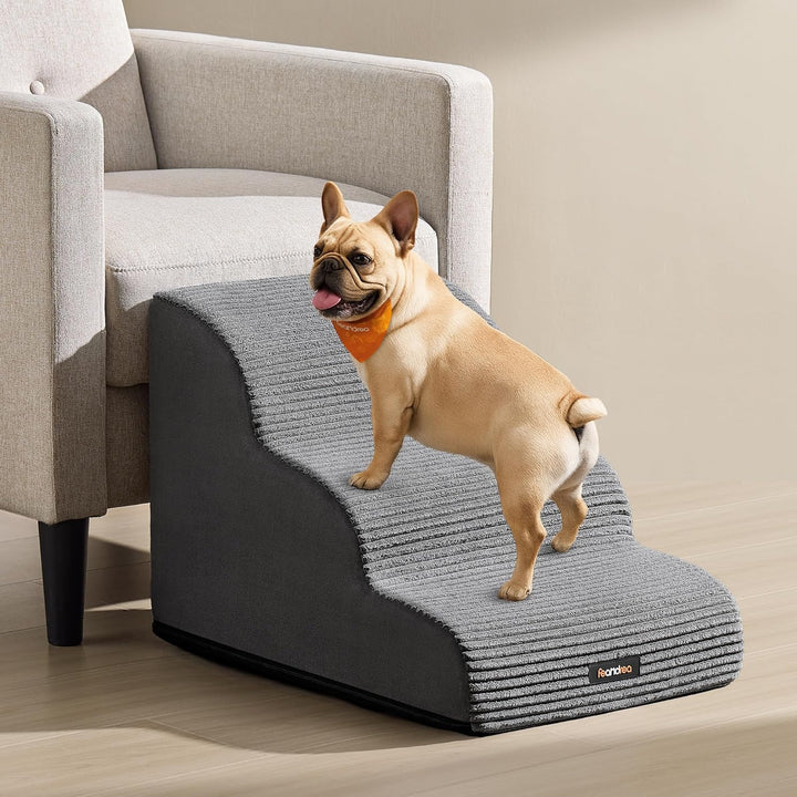 Feandrea Hundetreppe, 3 Stufen, Cord mit Querstreifen, Haustiertreppe, für Bett, Sofa, wasserdicht,