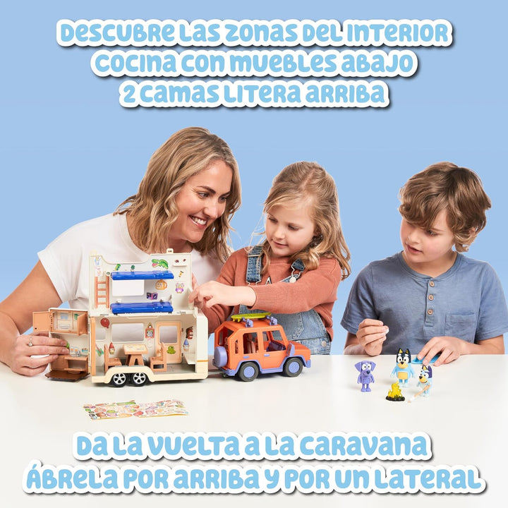 Bluey - Set Family Cruiser + Campervan, Playset für Familienautos, mit 3 Figuren, 10 Accessoires und