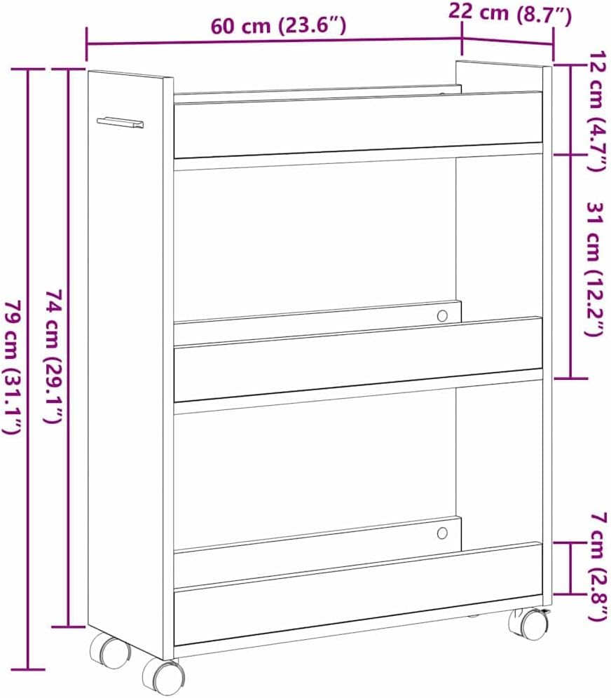 vidaXL Schrank Mit Rad Schwarz Eichen-Optik 60 x 22 x 79 cm, Stylischer Organizer, rechteckiger Schr