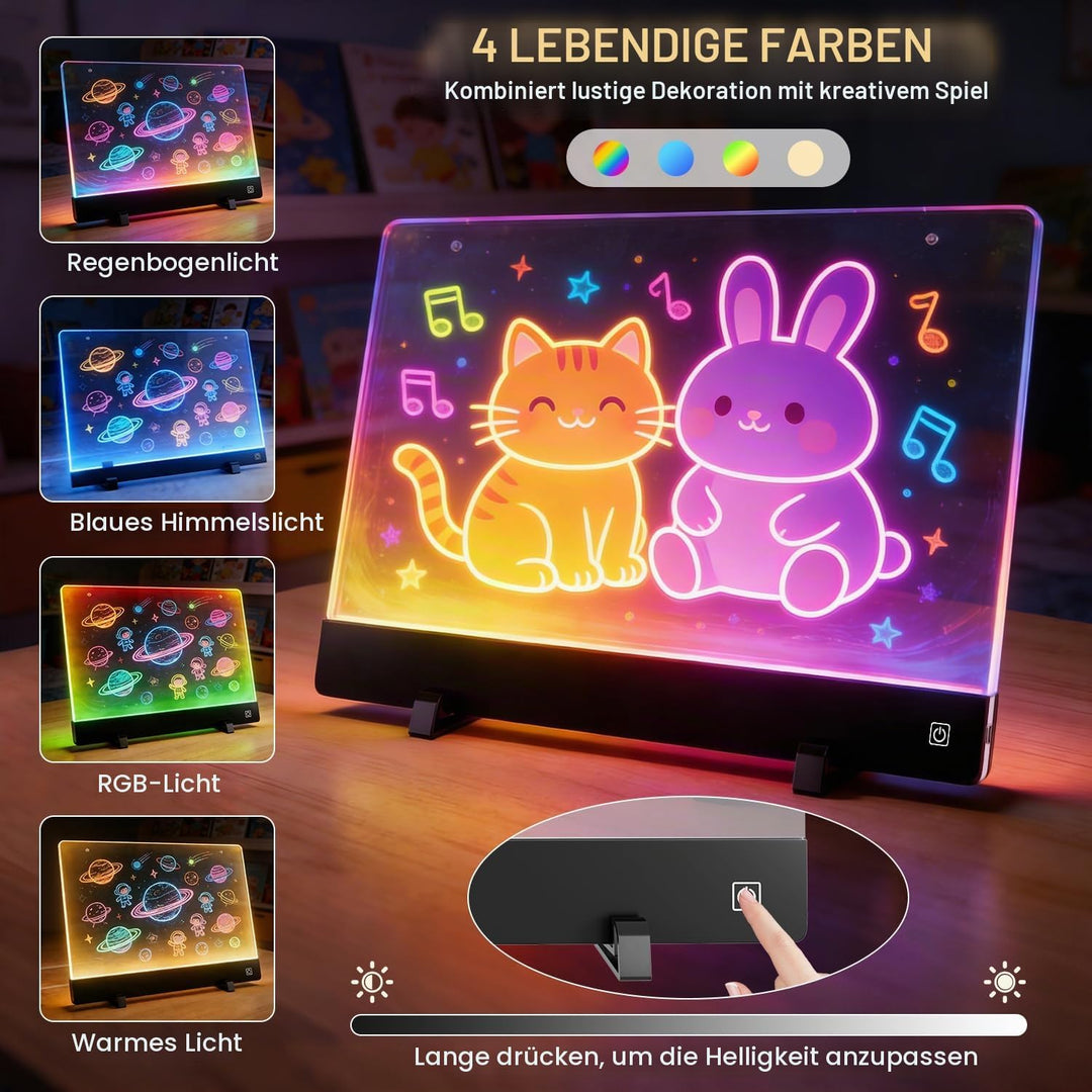 LED-Zeichenbrett für Kinder, 1500mAh wiederaufladbares Notizbrett mit 4-Farben-Lichtmodi &amp; 7 Markern