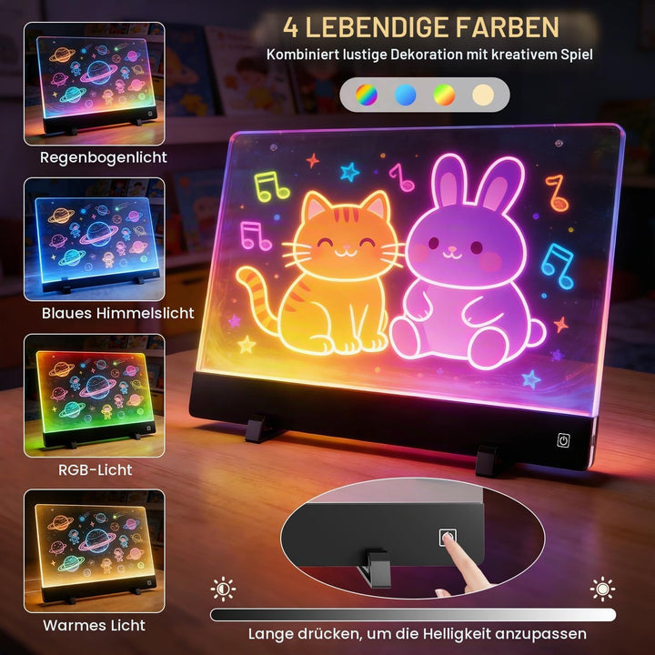 LED-Zeichenbrett für Kinder, 1500mAh wiederaufladbares Notizbrett mit 4-Farben-Lichtmodi &amp; 7 Markern