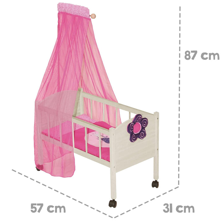 roba Puppenbett Serie 'Happy Fee', Holz natur inkl. textiler Ausstattung, Bettwäsche & Himmel pink P