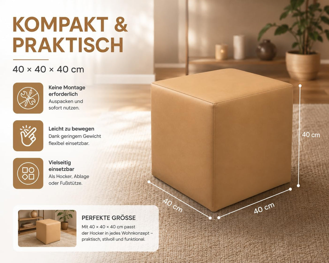 Best for Home Sitzhocker Kunstleder Sitzwürfel Bodenkissen Fusshocker 40x40x40 cm viele Farben (Beig