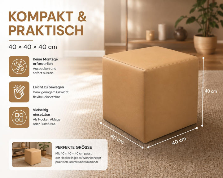 Best for Home Sitzhocker Kunstleder Sitzwürfel Bodenkissen Fusshocker 40x40x40 cm viele Farben (Beig