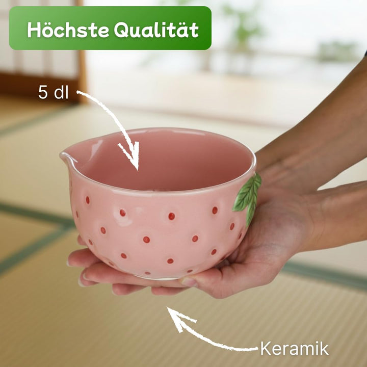 Generisch Matcha Set Erdbeer - Komplettes Set 4-teilig mit Matcha Besen, Matcha Schale - schlichtes