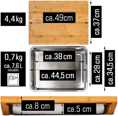 DuneDesign Bambus Schneidebrett mit Auffangschale Edelstahl - 49x37x8cm Arbeitsbrett Küche Schneideb