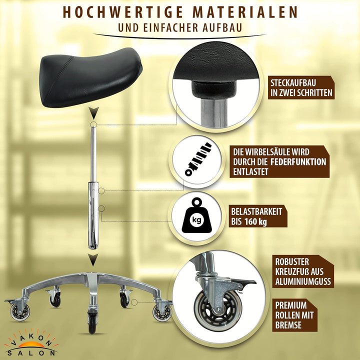 Premium Sattelhocker schwarz mit Bremse, Sattelstuhl für Rückenentlastung, Rollhocker höhenverstellb