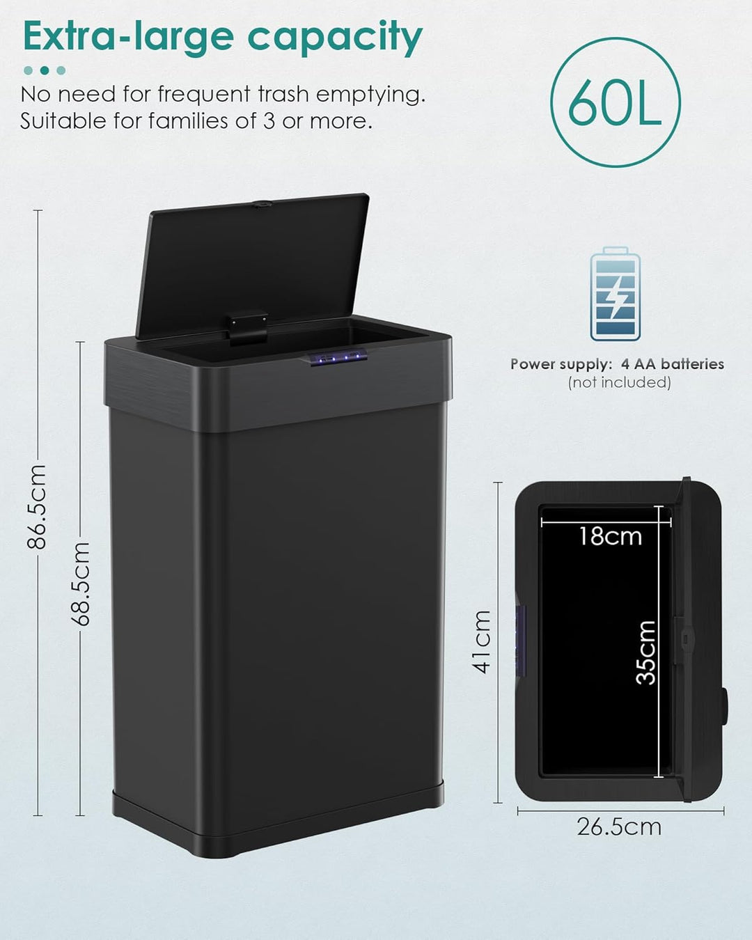 LIFERUN Mülleimer mit Sensor, Mülleimer Küche 60 Liter, Elektrisch Deckel mit Klemmring für Müllbeut