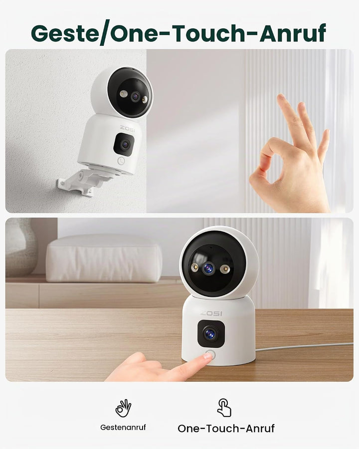 ZOSI Überwachungskamera Innen mit Dual-Objektiv 3MP+3MP, 2,4/5G WLAN, Taste/OK-Geste-Anruf, KI Perso