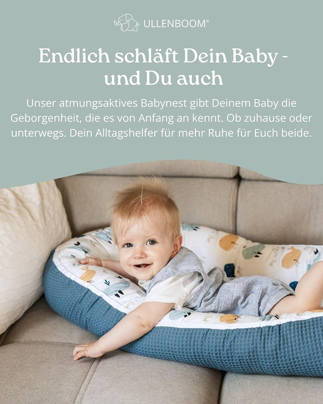 ULLENBOOM ® Babynest & Kuschelnest (55x95 cm) Blau-Wale (Made in EU) - Baby Nestchen aus Baumwolle,