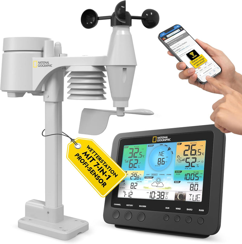 National Geographic Wetterstation Funk mit Aussensensor WLAN Farbwettercenter mit 7-in-1 Profi-Senso