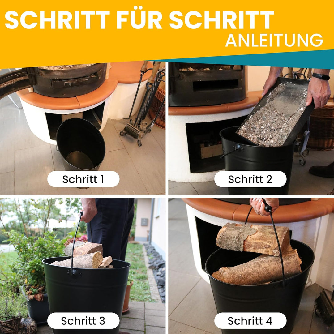 ORA-TEC XL Ascheeimer mit Deckel - Kohleeimer 24 Liter aus Stahlblech im Schwarz - Kamineimer mit De