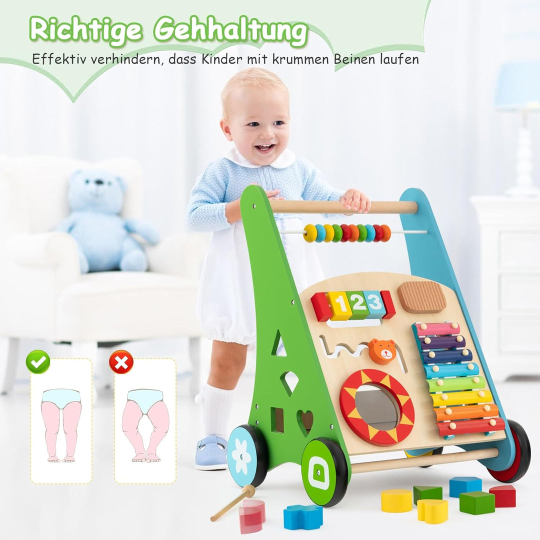 COSTWAY Baby Lauflernhilfe aus Holz, Lauflernwagen multifunktional mit glatten Griffe, Gummireifen &