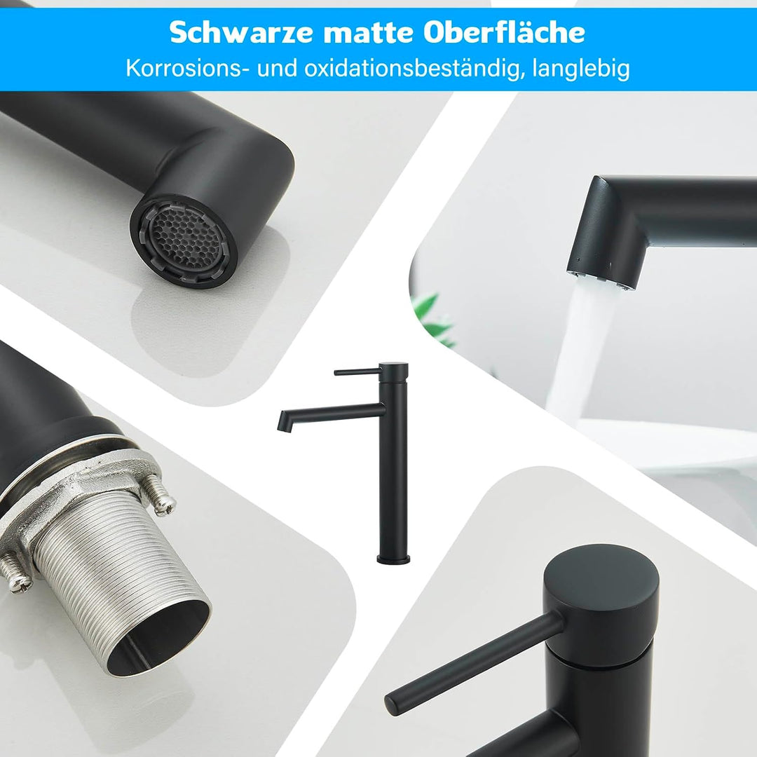 Waschtischarmatur Schwarz Matt Hoch Wasserhahn Bad Badezimmer Waschbecken Armatur Edelstahl Einhebel