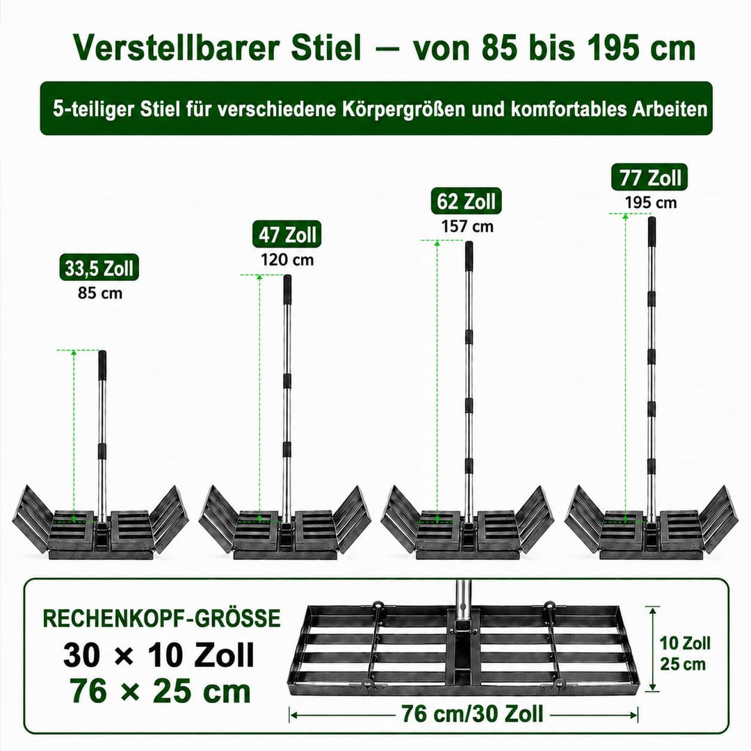 Rasen-Nivellierrechen 76 x 25 cm, Stiel 85-195 cm | Robuster Eisenkopf, Edelstahlstiel, faltbare 40