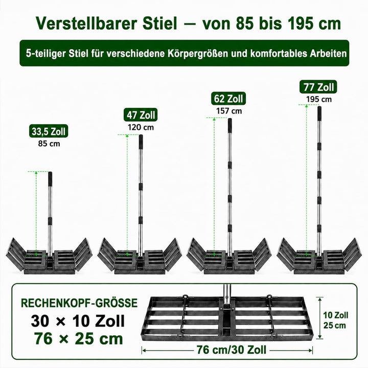 Rasen-Nivellierrechen 76 x 25 cm, Stiel 85-195 cm | Robuster Eisenkopf, Edelstahlstiel, faltbare 40
