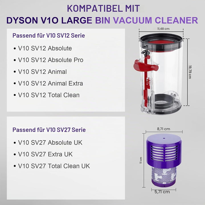 Upgrade Grosser Staubbehälter Ersatz für Dyson Cyclone V10 Animal V10 Total Clean V10 Absolute SV12