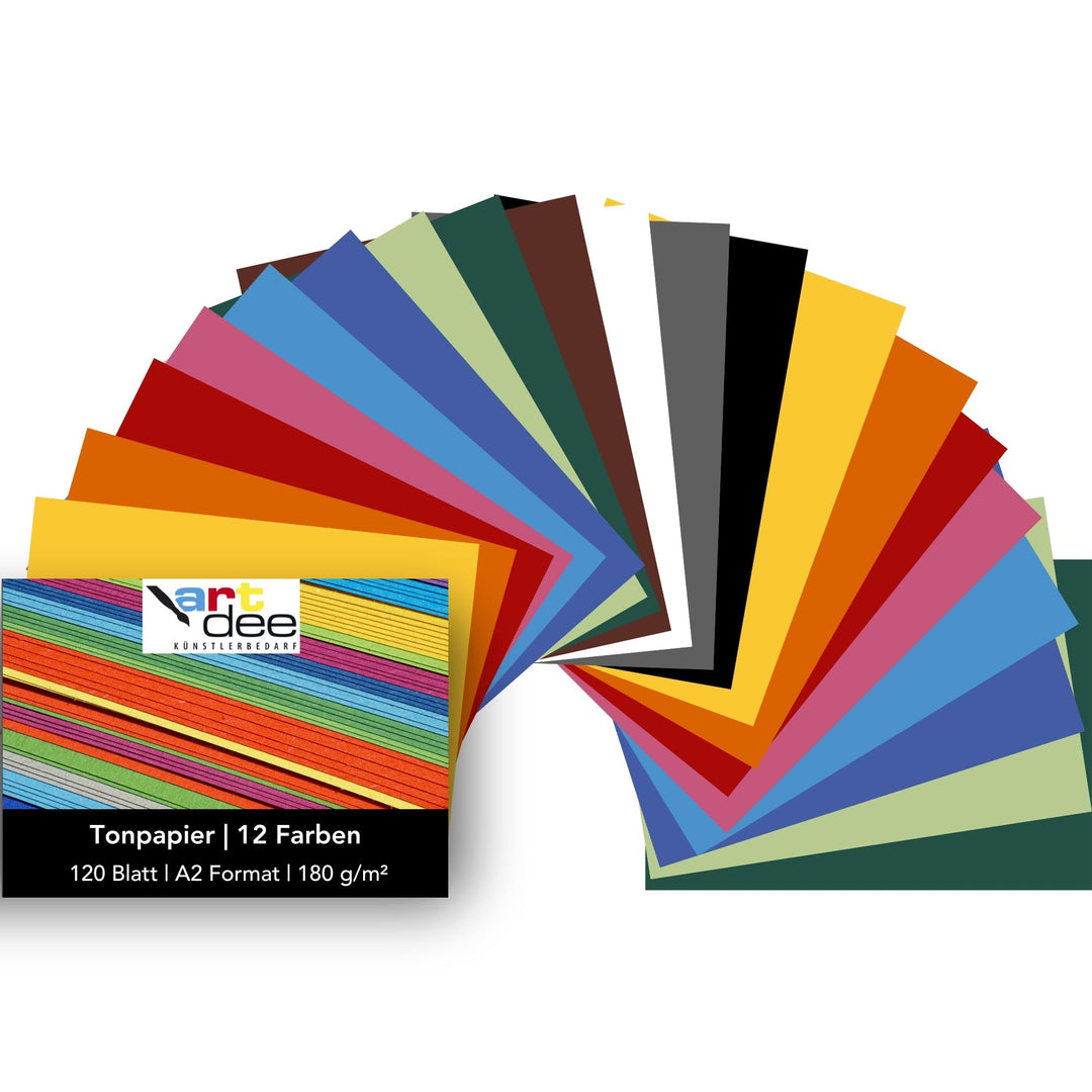 artdee® Tonpapier bunt in 12 verschiedenen Farben 180 g/m² – Bastelpapier Set (120 Blatt gemischt in