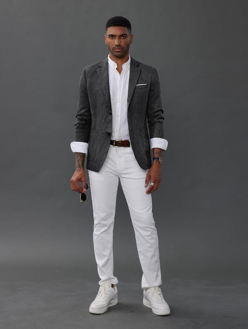 Blazer Herren Leinen Sakkos für Herren mit Gekerbtem Revers 2 Knöpfe Regular Fit, L Grau