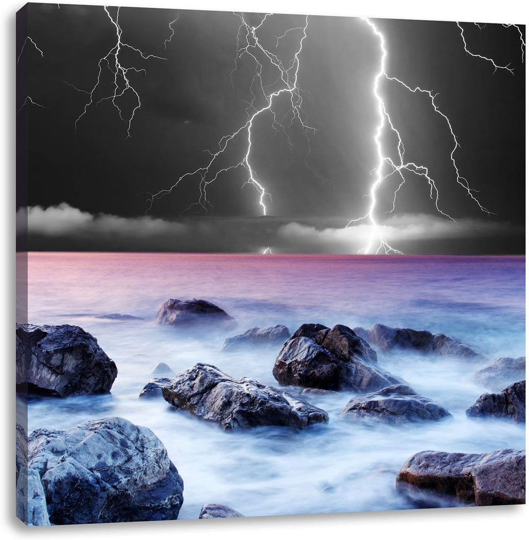 Pixxprint Blitze über dem Meer als Leinwandbild Quadratisch/Grösse: 70x70 / Wandbild/Kunstdruck/fert