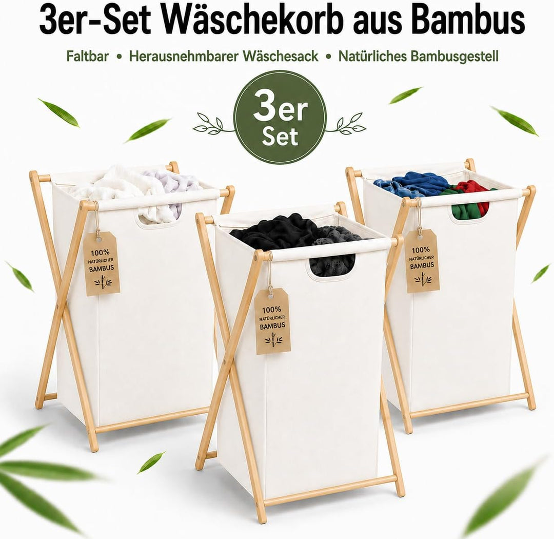 Zedelmaier 3er Faltbare Bambus-Wäschekörbe mit 66 Liter pro Stück | Einzelfach-Design,Badezimmer, Sc