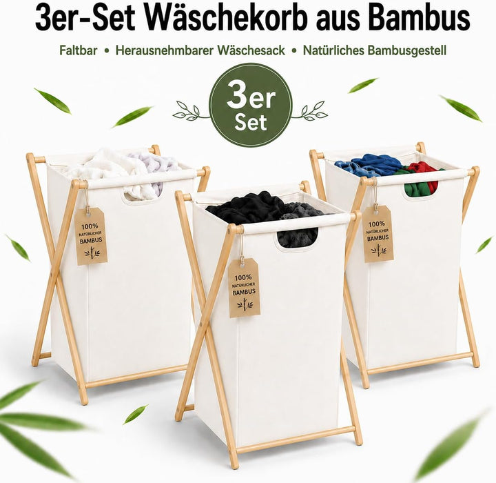 Zedelmaier 3er Faltbare Bambus-Wäschekörbe mit 66 Liter pro Stück | Einzelfach-Design,Badezimmer, Sc