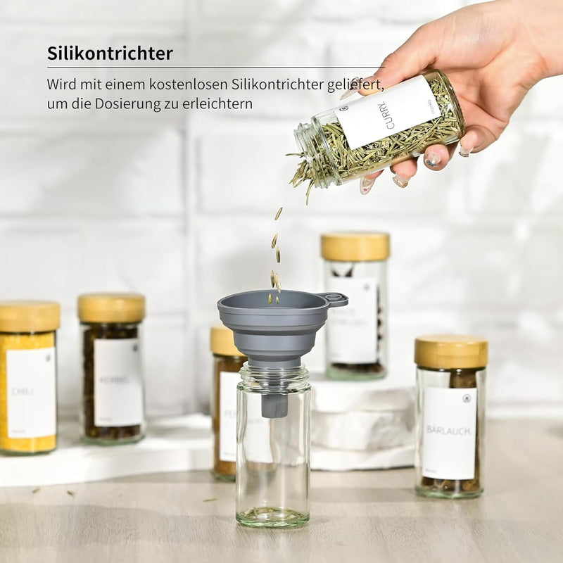 Miorkly 12 Gewürzgläser Rund mit Streueinsatz - 120ml Gewürzdosen Hochwertigem Holzdeckel aus Bambus