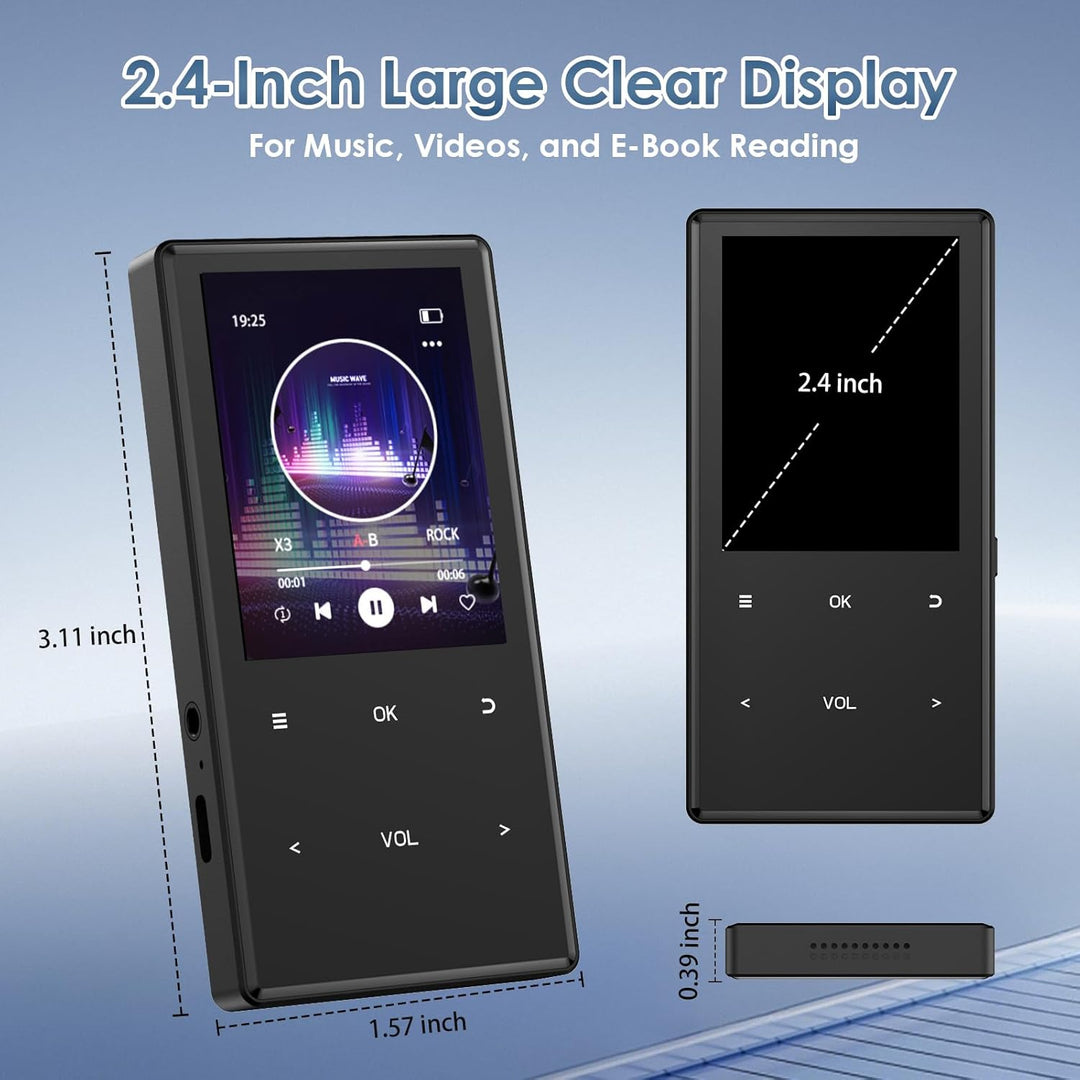 MP3-Player Bluetooth 5.0, 2,4 Zoll tragbarer MP3-Player 64 GB – HiFi-Audio-Player mit FM-Radio, Reco